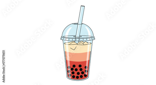 A refreshing illustration of a layered bubble tea with black tapioca pearls, creamy foam, and ice, in a clear plastic cup with a straw.
