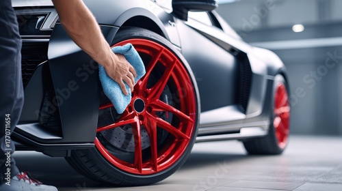Male automotive enthusiast is detailing a luxury sports car with striking red wheels, showcasing meticulous care and attention to vehicle maintenance and aesthetics