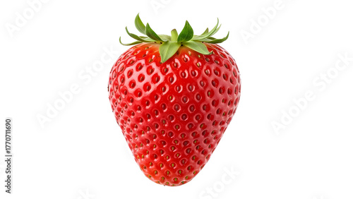 A single fresh delicious ripe red strawberry with its green leaves, perfectly isolated on a transparent background