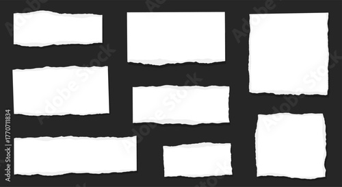 Set of torn white paper pieces with ragged edges, arranged on a dark grey background.