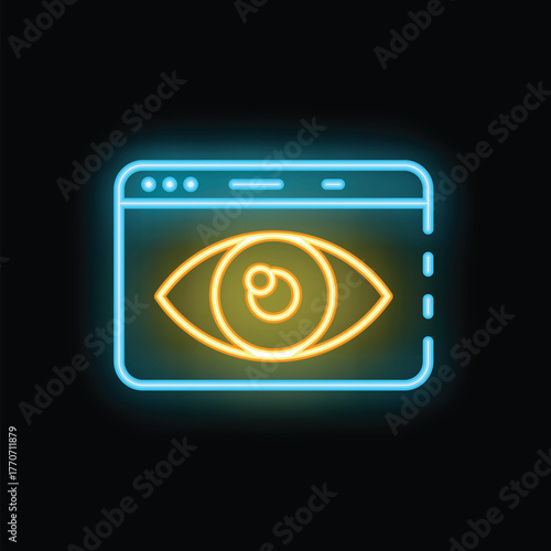 Neon sign showing a browser with an eye symbol, representing the concept of tracking and monitoring user activity