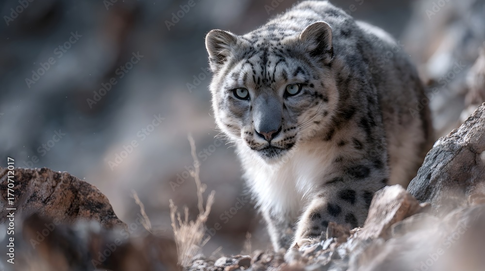 Obraz premium Majestic snow leopard cautiously walking through rocky mountain terrain