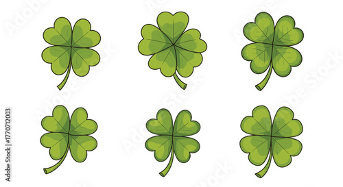 Six vibrant green four-leaf clovers, an iconic symbol of good luck and fortune, perfectly illustrating prosperity and St. Patrick's Day themes.