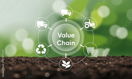 Value Chain Concept: A visual representation of the value chain, illustrating the interconnected stages from concept to consumer, emphasizes sustainability and circular economy principles.