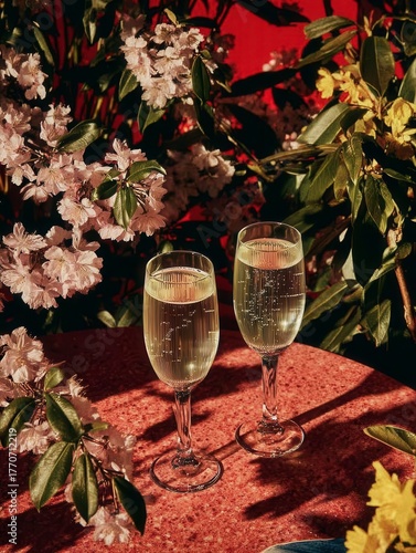 Overhead View of Two Champagne Flutes with Streamers and Confetti on Table