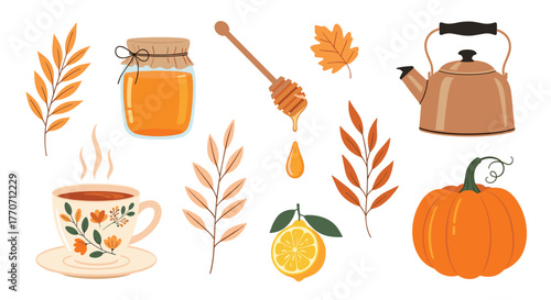 Cozy autumn essentials featuring a steaming cup of tea, golden honey, a rustic kettle, vibrant fall leaves, a pumpkin, and a fresh lemon slice.