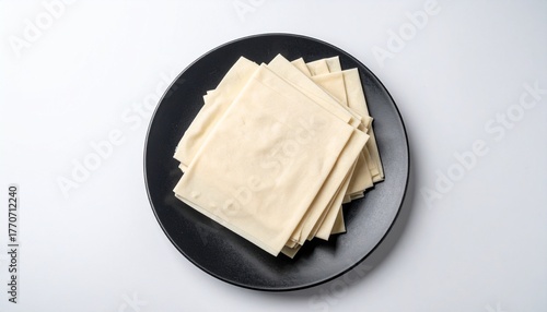 Square Tofu Skins on Black Plate