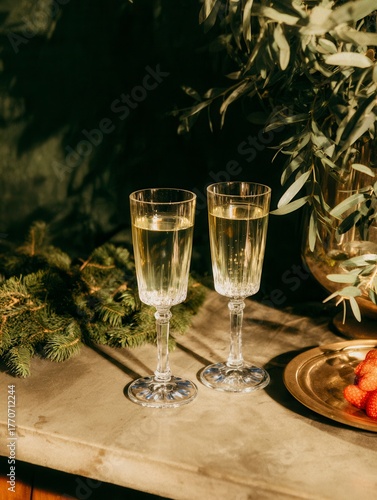 Close-up of Two Champagne Flutes with Detailed Golden Bokeh and Elegant Setting