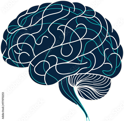 Stylized dark blue brain with Mental health white and teal lines on white background human brain anatomy