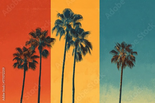 Palm Silhouettes Against Vibrant Sunset Colors Create a Tropical Escape Generative AI