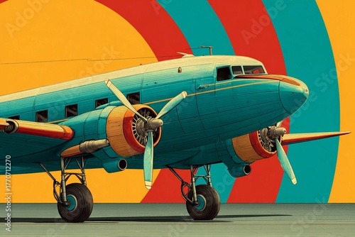 Vintage Airplane Soaring Above Colorful Skies in Retro Travel Poster Design Generative AI