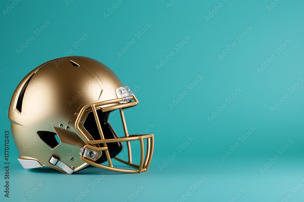 Fototapeta premium Golden football helmet on a solid background. The helmet has a face mask and is gleaming in the light, showcasing its color and protective design. Ready for the field!