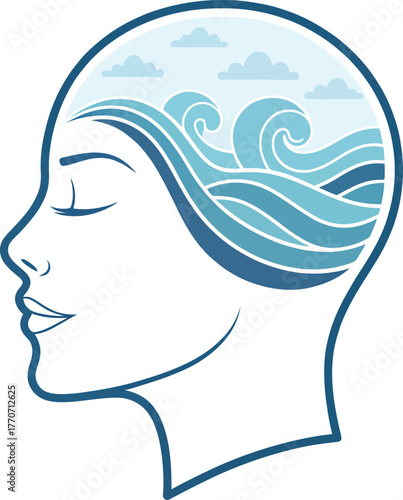 Stylized human head profile filled with blue ocean waves and clouds Mental health face silhouette