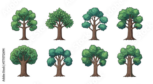 A diverse collection of stylized cartoon trees featuring green foliage and brown trunks, isolated on a white background.