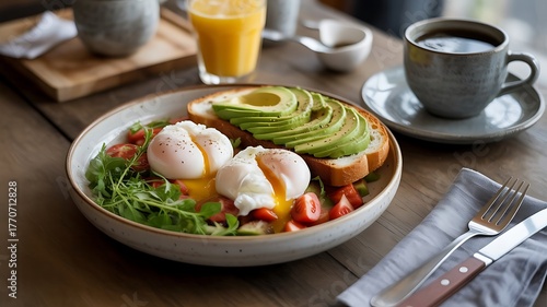 Delicious breakfast featuring poached eggs, avocado toast, fresh arugula, and ripe tomatoes, served with coffee and orange juice on a wooden table