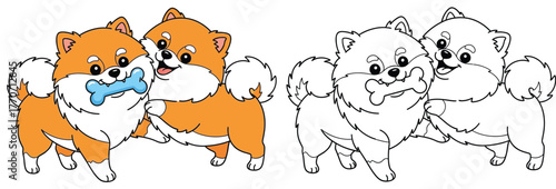 Adorable Cartoon Puppies Vector Illustration: Fluffy Shiba Inu or Pomeranian Dogs Sharing a Bone. Cute Pet Friends Graphic Resource, Perfect for Kids Coloring Pages and Decals.