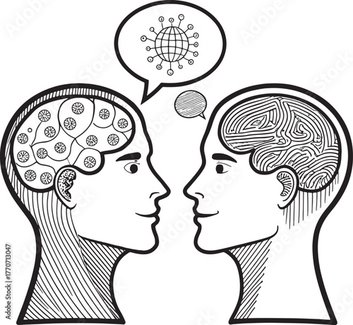 Two heads in profile facing each other with brains depicted as intricate patterns and a globe with radiating circles in a speech bubble Mental health