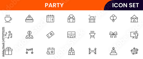 Party vector web line icon collection, sleek illustrations of calendars, tickets, venues, decorations for organized, festive designs.