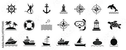 Explore nautical adventures with these sleek marine icons for web design, travel brochures, and ocean-themed projects, making your designs stand out