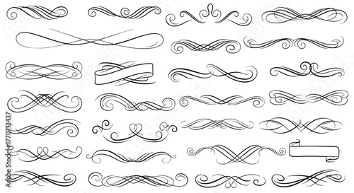 A diverse set of elegant hand-drawn calligraphic scrolls, flourishes, dividers, and decorative borders perfect for graphic design and text embellishment.