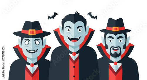Three cartoon vampires with capes, hats, and smiling faces, celebrating Halloween.