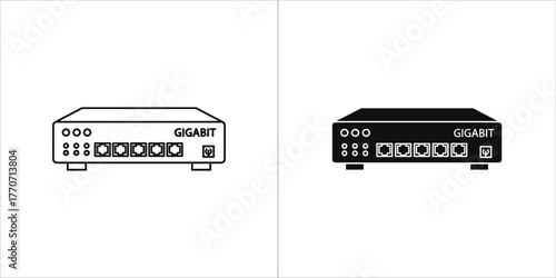 Gigabit router icon, network device, black and white vector illustration