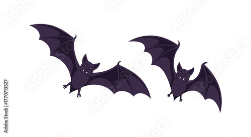 Two purple bats flying with wings spread, isolated on a white background.