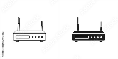 Wireless router icon, network device, black and white vector illustration