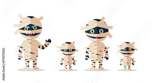 Cartoon family of mummies, with one waving, standing together, on white background.