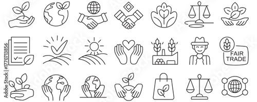 Promote sustainable practices with these eco-friendly icons representing environmental awareness, fair trade, and organic growth for a greener future
