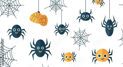 Playful cartoon spiders and webs hang against a white background, creating a Halloween pattern.