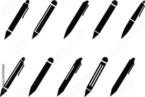 Black pen, pencil, writing instrument, and stationery icon set, minimalist office tool collection and education symbol group in flat style, isolated vector for design and print