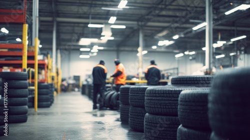 Two workers in orange vests are discussing tire inventory in a spacious warehouse filled with stacked tires, showcasing an organized automotive environment with industrial elements