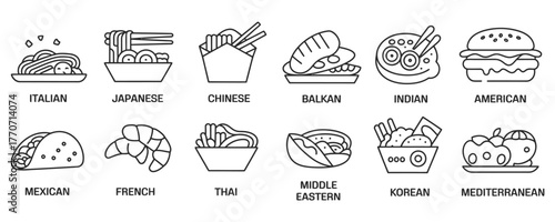 Explore delightful world cuisines with this minimalist line art collection showcasing iconic dishes from around the globe for restaurant menus and food blogs