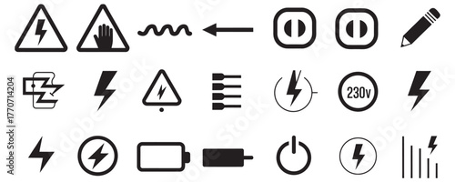Power up your designs with this essential collection of electrical symbols, icons, and signs perfect for tech, safety, and engineering projects