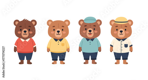 Four cartoon bears wearing different outfits stand in a row against a white background.
