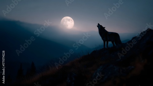 A solitary wolf howls at a large full moon from a misty mountain ridge at night