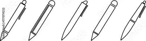 Black pen, pencil, writing instrument, and stationery icon set, minimalist office tool collection and education symbol group in line style, isolated vector for design and print