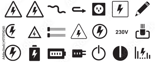 Electrical hazard symbols and warning signs for safety and caution, essential for engineering designs, safety manuals, and educational projects