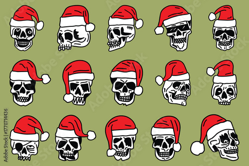 A collection of skulls wearing santa hats, presented in a grid pattern on a green background, evoking a festive yet macabre holiday theme