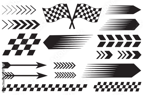 A collection of racing themed design elements with flags and arrows
