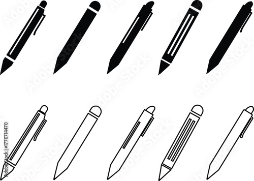 Black pen, pencil, writing instrument, and stationery icon set, minimalist office tool collection and education symbol group in flat and line style, isolated vector for design and print