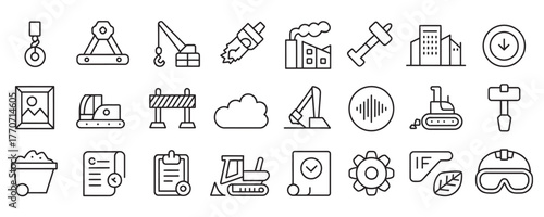 Bold line icons showcase construction industry equipment and safety gear, perfect for a modern industrial project or engineering presentation with a clean design