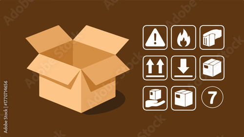 Open cardboard box with shipping symbols warning fragile