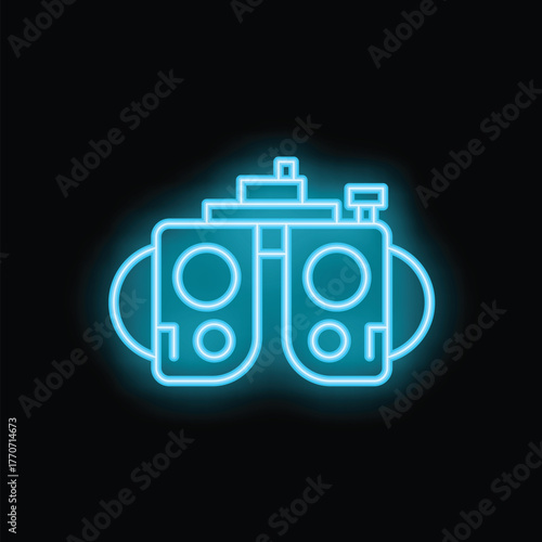 Neon blue icon of a phoropter glowing on a black background