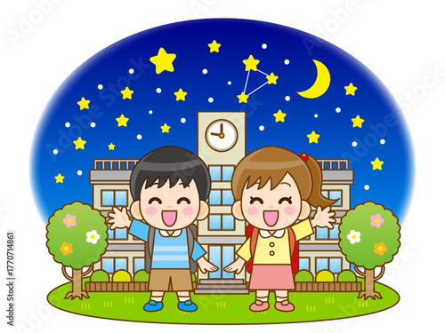 夜の学校で星空観賞をする小学生のイラスト素材2