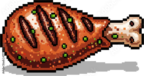 A pixelated illustration of a roasted chicken leg, ready to eat.