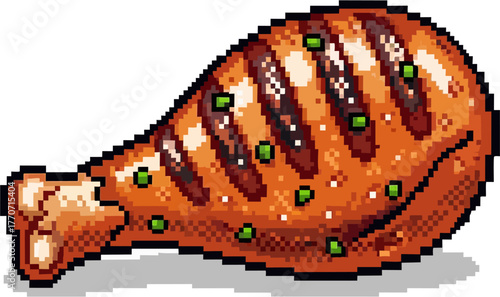 A pixelated illustration of a cooked chicken leg, showing grill marks and green herbs.