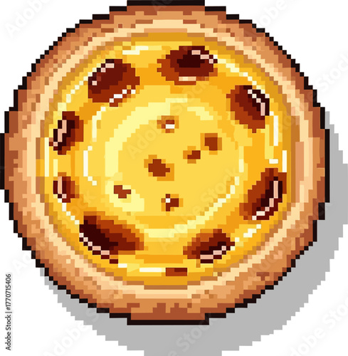 Pixelated egg tart with a flaky crust and a smooth, custard filling, viewed from directly above.