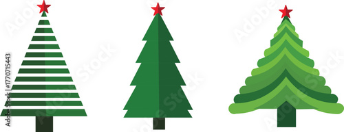Collection of twelve flat-design Christmas trees with unique geometric shapes and red star toppers on a clean white background